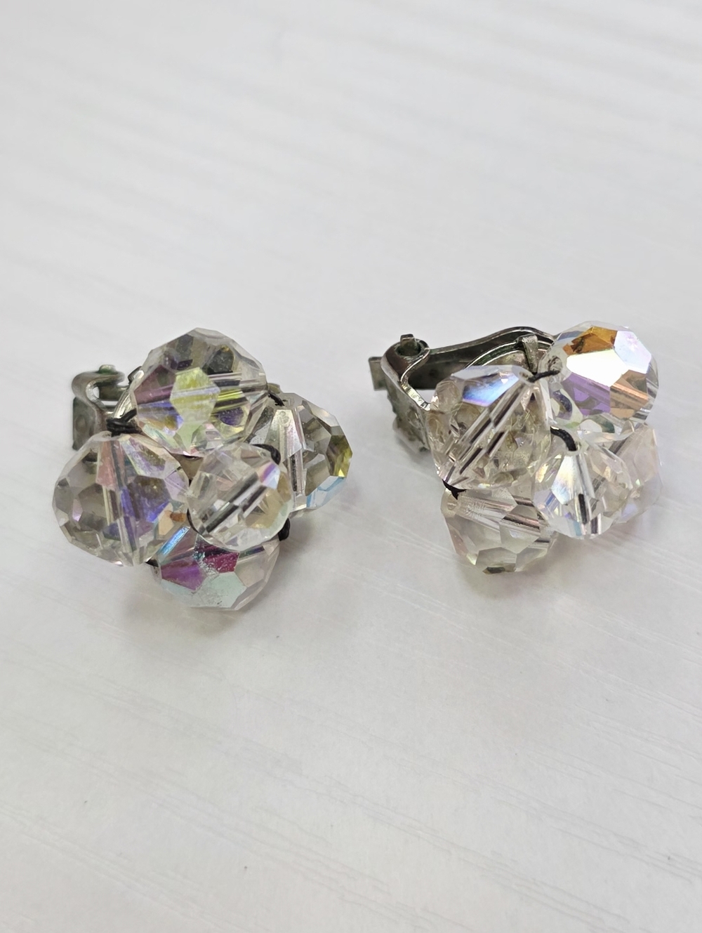 Vintage Aurora Borealis White Beaded Crystal Cluster Clip-On Earrings